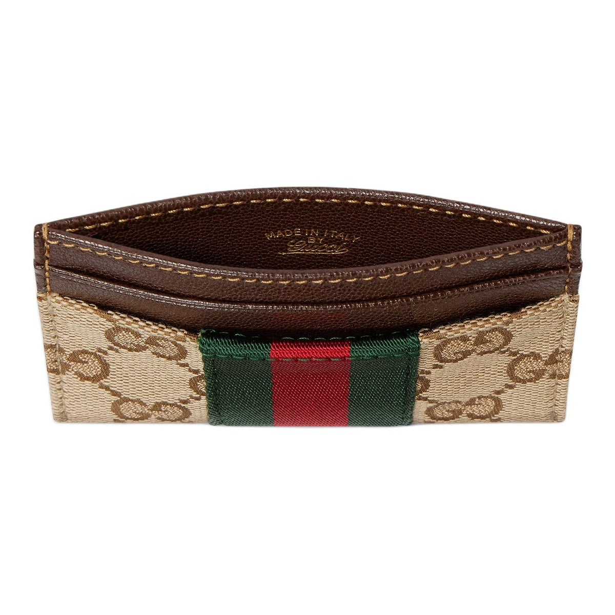 GUCCI Men's GG Logo Print Striped Canvas Card Holder in Khaki and Brown - 867384