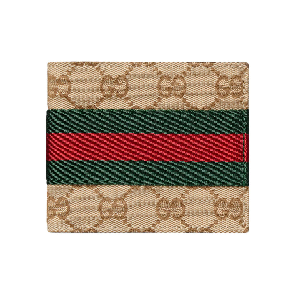 GUCCI Unisex GG Canvas Bifold Wallet with Web Detail in Sand and Brown - 867335