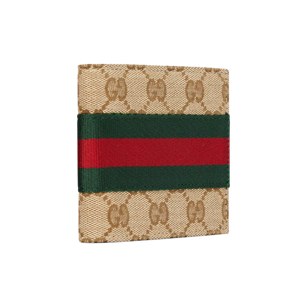 GUCCI Unisex GG Canvas Bifold Wallet with Web Detail in Sand and Brown - 867335