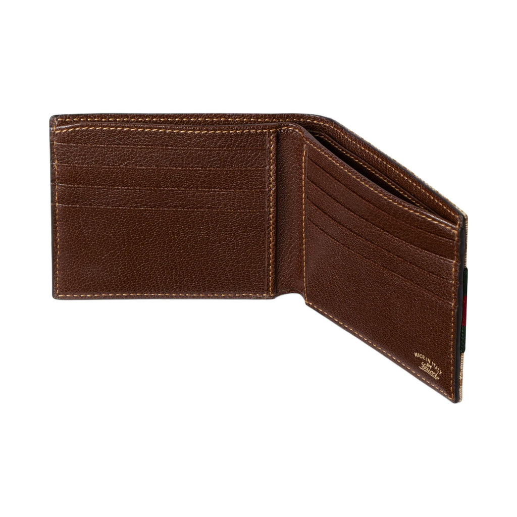GUCCI Unisex GG Canvas Bifold Wallet with Web Detail in Sand and Brown - 867335