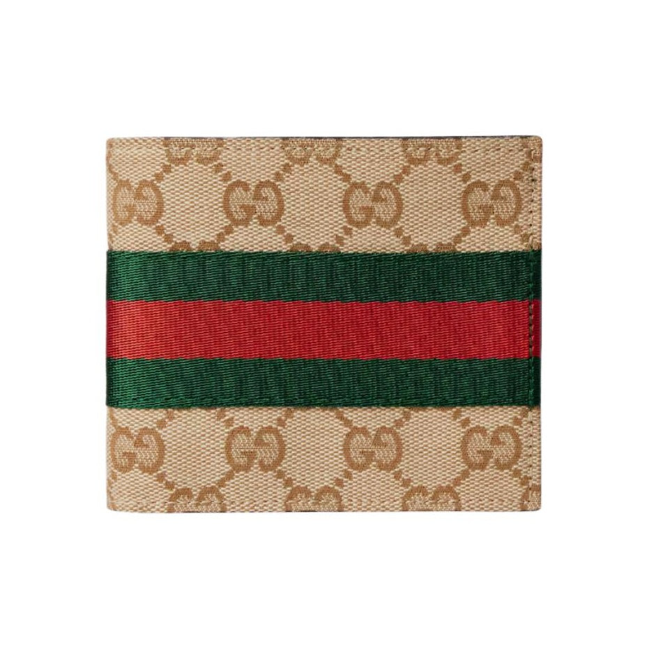 GUCCI Men's GG Canvas Wallet with Webbing in Sand and Dark Brown - 867341