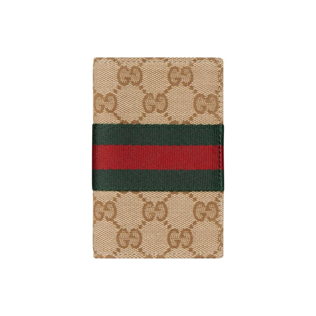 GUCCI Web Men's GG Monogram Canvas Card Holder in Sand and Dark Brown - 867346