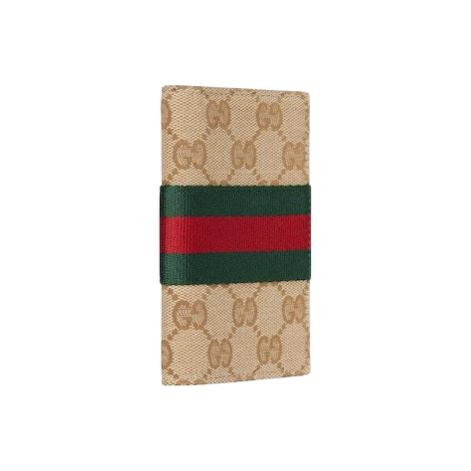 GUCCI Web Men's GG Monogram Canvas Card Holder in Sand and Dark Brown - 867346
