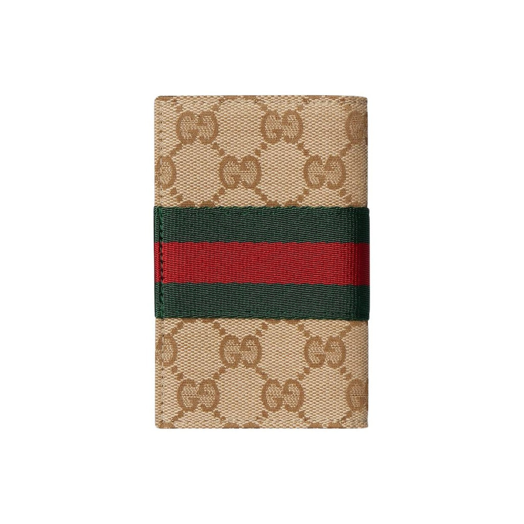 GUCCI Web Men's GG Monogram Canvas Card Holder in Sand and Dark Brown - 867346
