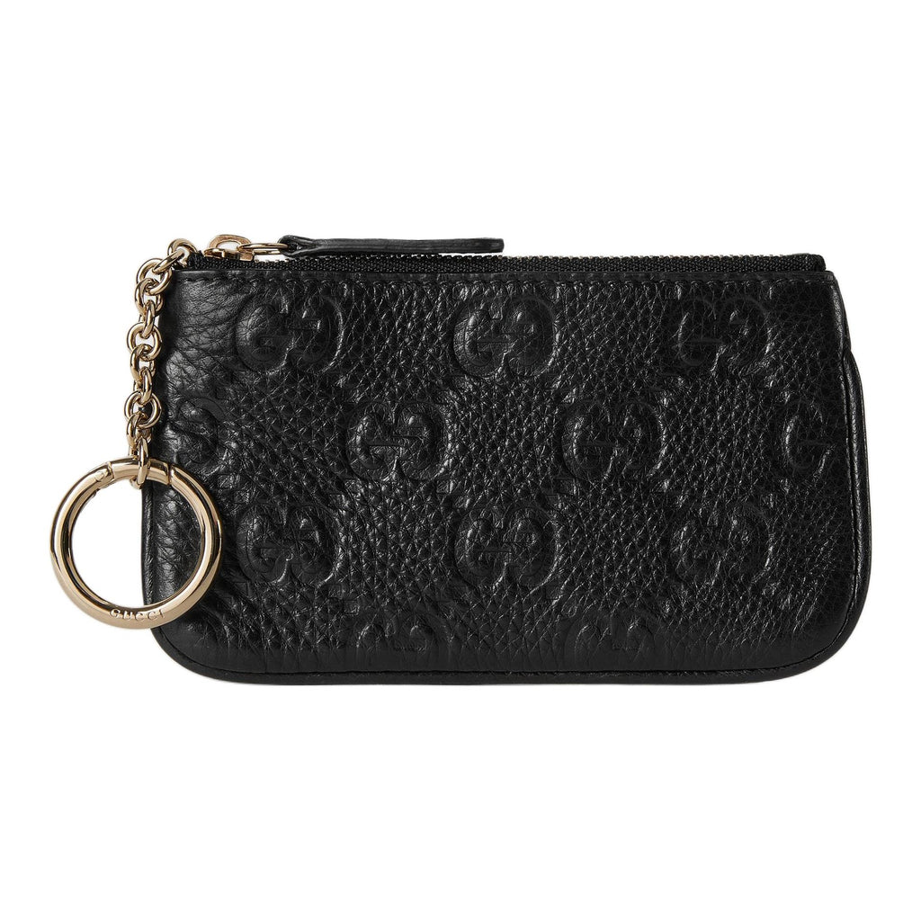 GUCCI GG Emblem Unisex Grained Leather Zip Key Pouch in Black - 815891