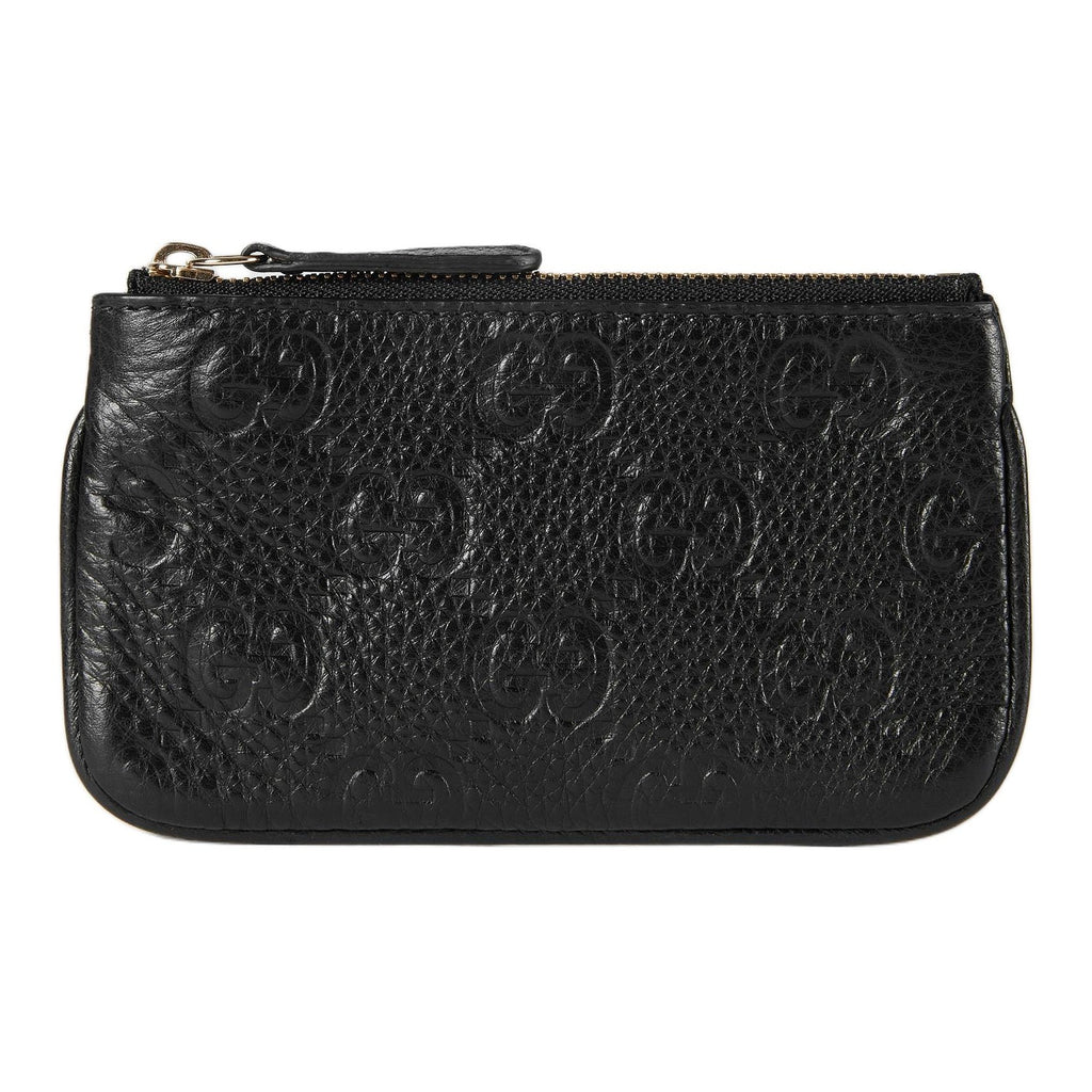 GUCCI GG Emblem Unisex Grained Leather Zip Key Pouch in Black - 815891