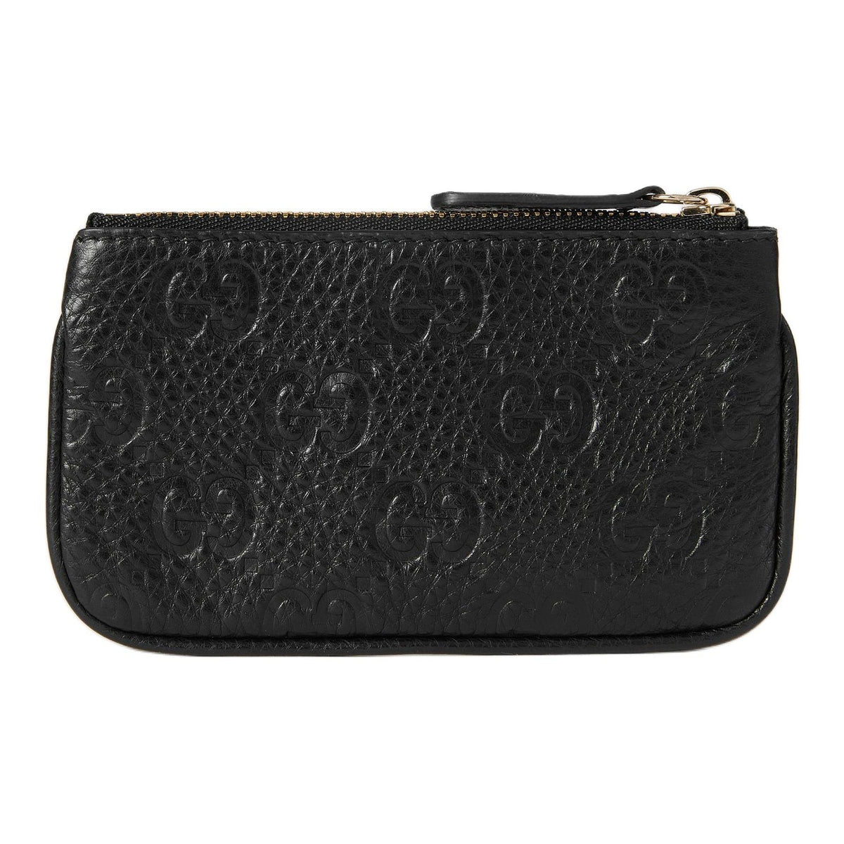 GUCCI GG Emblem Unisex Grained Leather Zip Key Pouch in Black - 815891