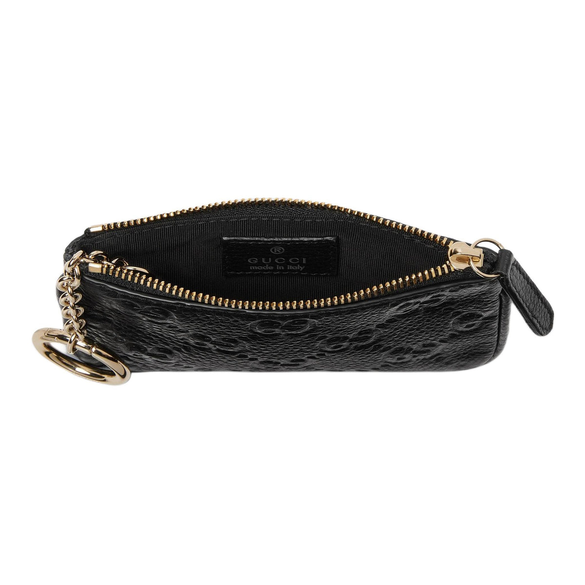 GUCCI GG Emblem Unisex Grained Leather Zip Key Pouch in Black - 815891