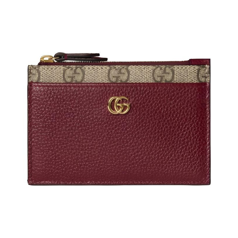 GUCCI GG Marmont Women's Double G Leather Card Holder in Ancora Red and Beige - 837966