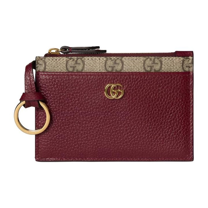 GUCCI GG Marmont Women's Double G Leather Card Holder in Ancora Red and Beige - 837966