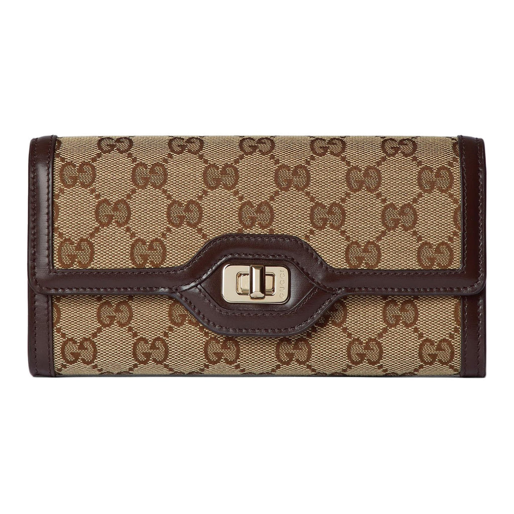 GUCCI LUCE Unisex Canvas Long Wallet with Leather Trim in Beige and Ebony - 790034